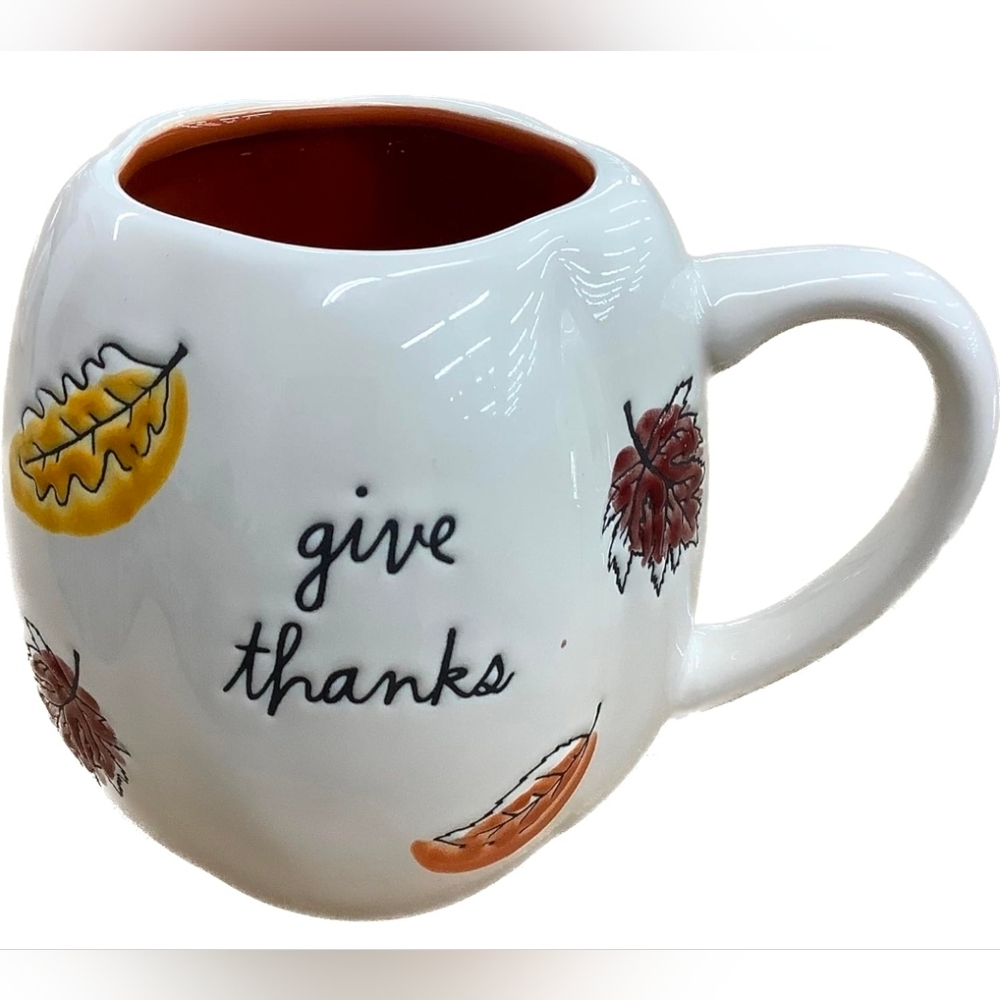 Pumpkin-shaped Rae Dunn "Give Thanks" Coffee Mug